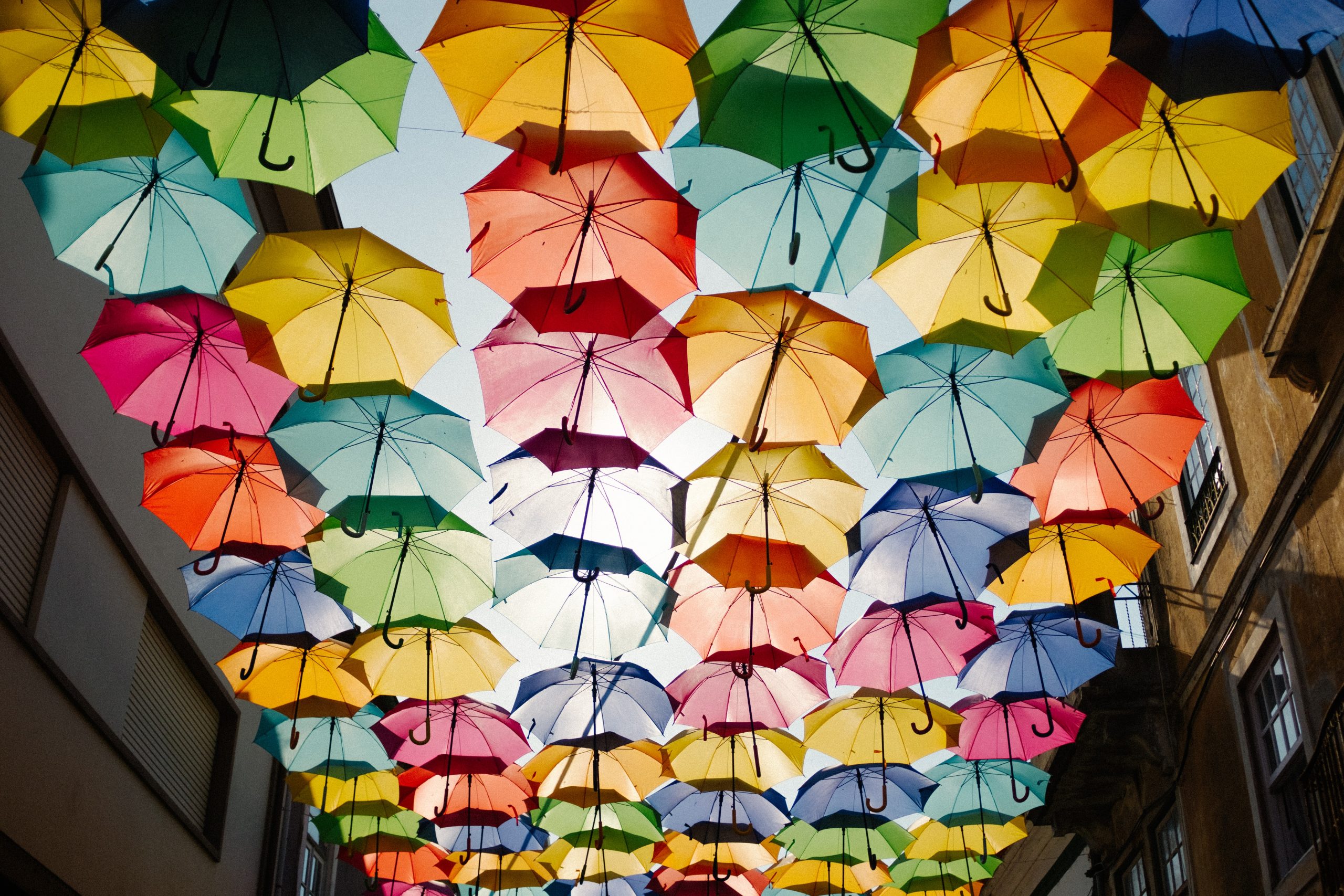 instalation of colourful umbrellas protecting a street