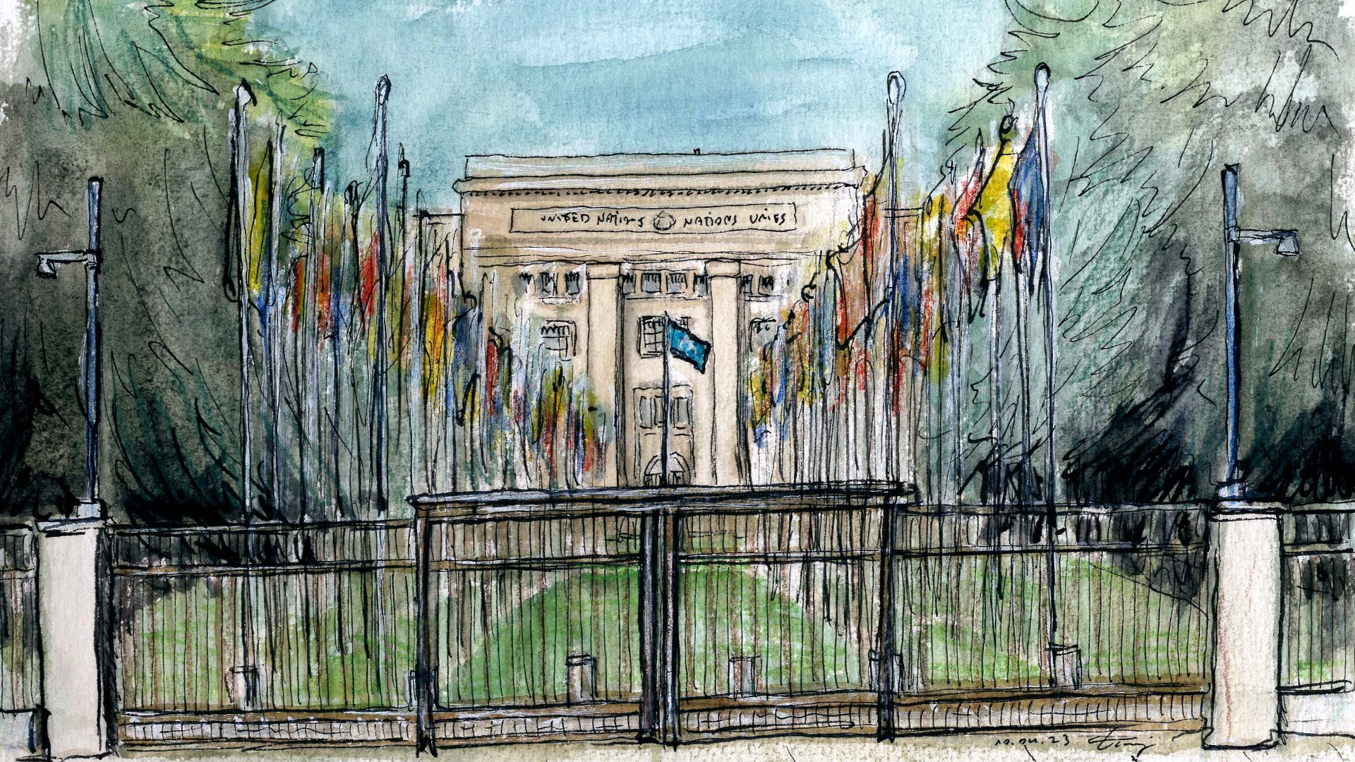Illustration of the UN building in Geneva with flags