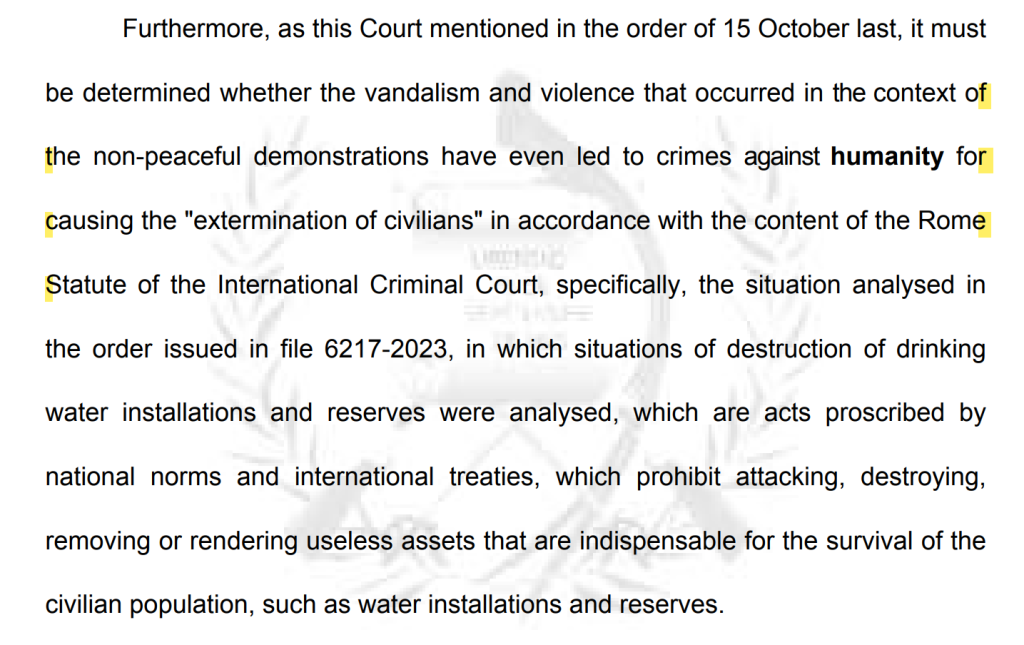 Excerpt from the Guatemalan Constitutional Court's resolution insinuating protestors may have committed crimes against humanity.